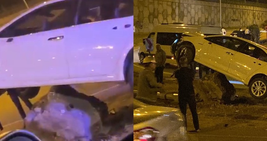 Otomobil kaya parçasının üzerine çıktı: Bir yaralı