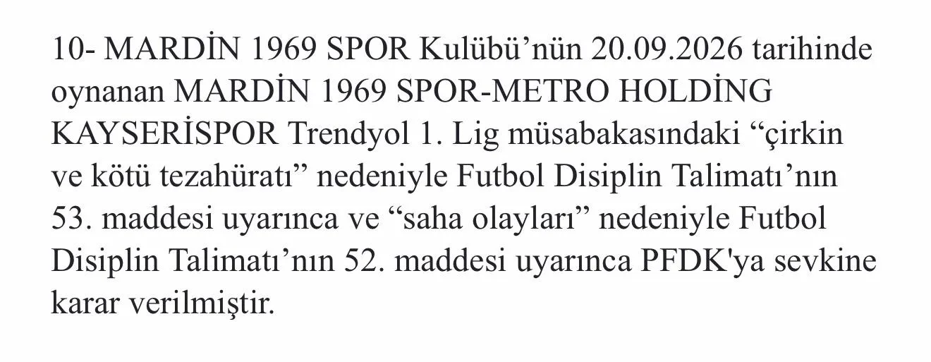 Mardin 1969 Spor, PFDK’ya sevk edildi