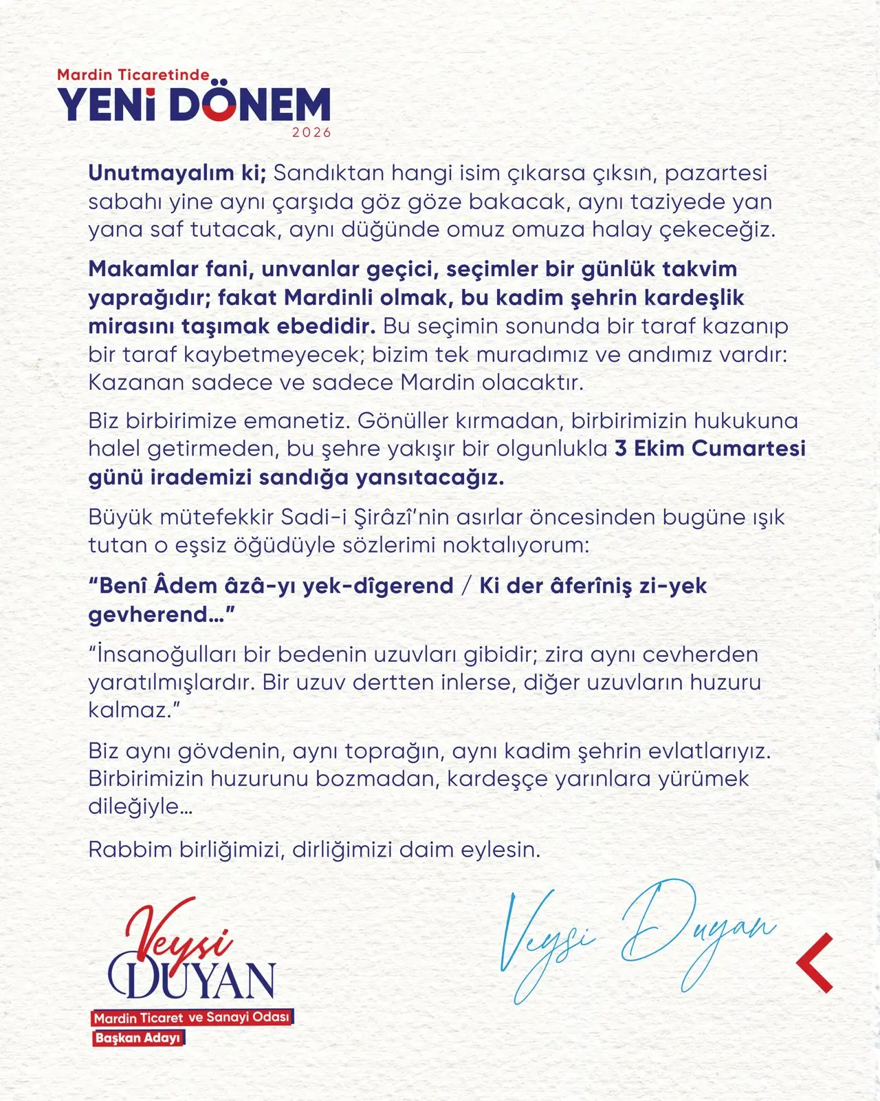 VEYSİ DUYAN’DAN SEÇİM ÖNCESİ KARDEŞLİK VE SAĞDUYU MESAJI!